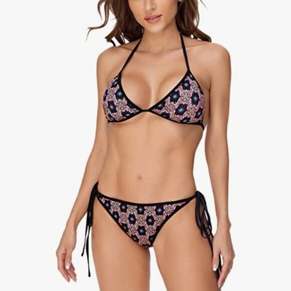 2 Piece Swimsuit Floral Print Halter Triangle Tie Side Bikini Set Bathing Suit - Picture 1 of 6